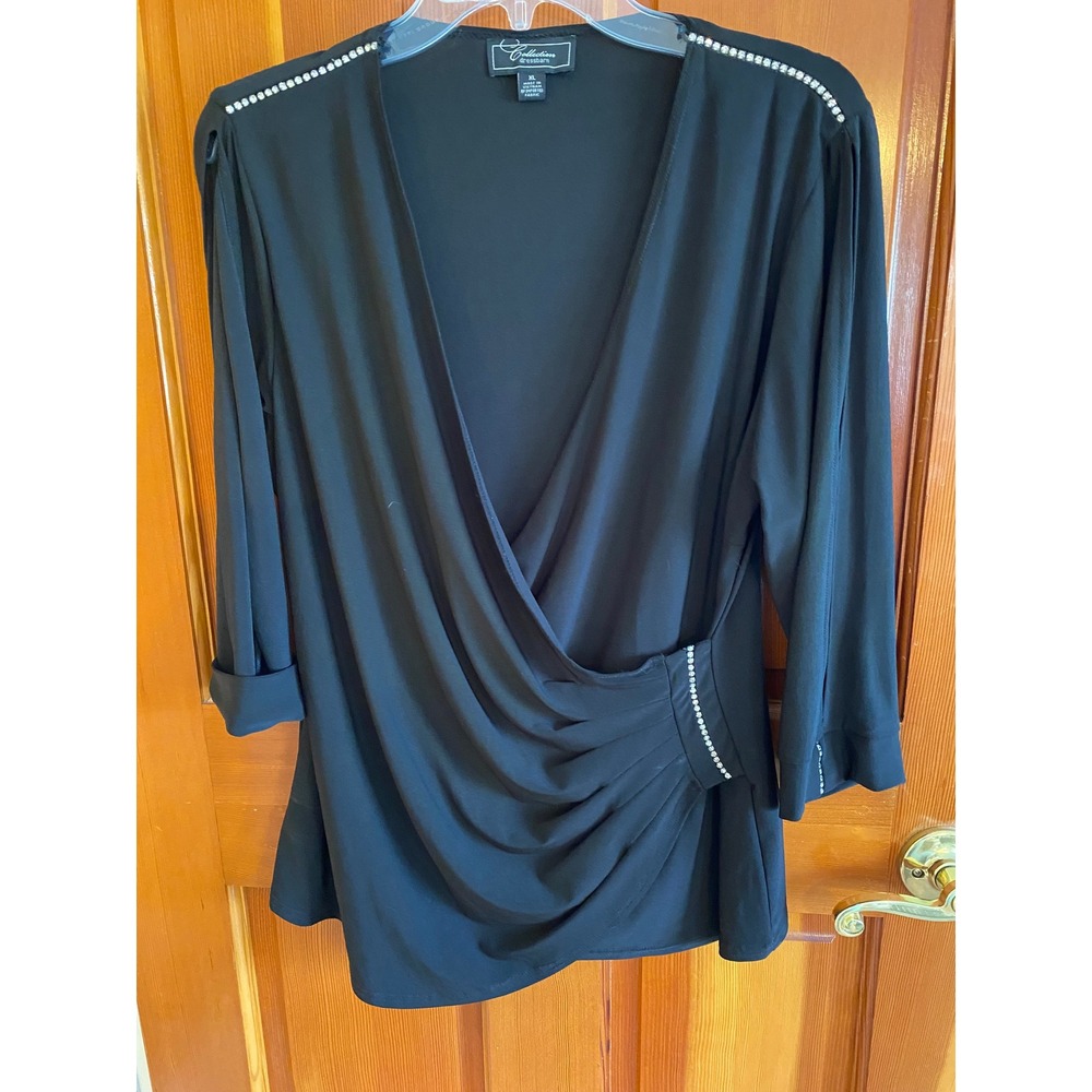 Evening Glam Black Rhinestone Faux Wrap Top XL Dressbarn Collection